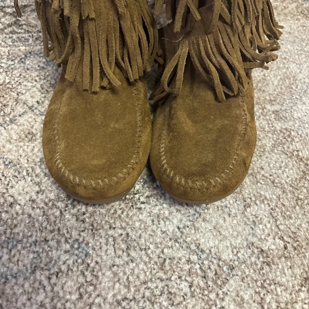 Minnetonka Boots Kids Size 4 Brown Suede‎ 3-Layer Fringe Western Zip Moccasin